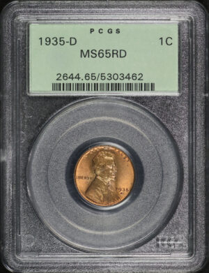 Obverse of this 1935-D Lincoln Cent Wheat Reverse PCGS MS-65 RD Old Green Holder