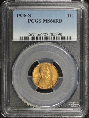 Obverse of this 1938-S Lincoln Cent Wheat Reverse PCGS MS-66 RD