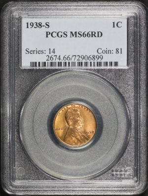 Obverse of this 1938-S Lincoln Cent Wheat Reverse PCGS MS-66 RD