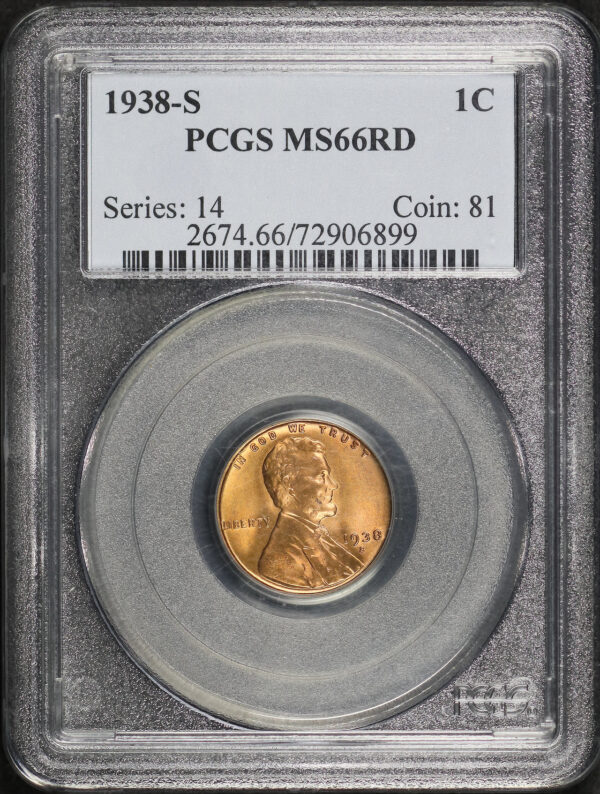 Obverse of this 1938-S Lincoln Cent Wheat Reverse PCGS MS-66 RD