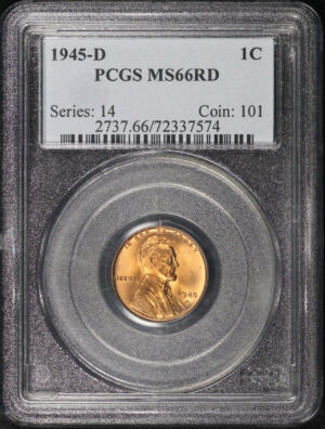 Obverse of this 1945-D Lincoln Cent Wheat Reverse PCGS MS-66 RD