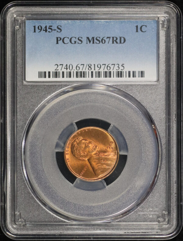 Obverse of this 1945-S Lincoln Cent Wheat Reverse PCGS MS-67 RD