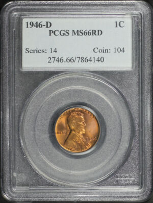 Obverse of this 1946-D Lincoln Cent Wheat Reverse PCGS MS-66 RD