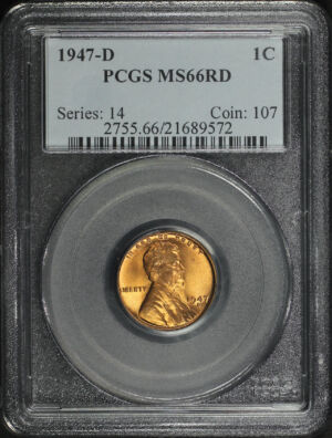 Obverse of this 1947-D Lincoln Cent Wheat Reverse PCGS MS-66 RD
