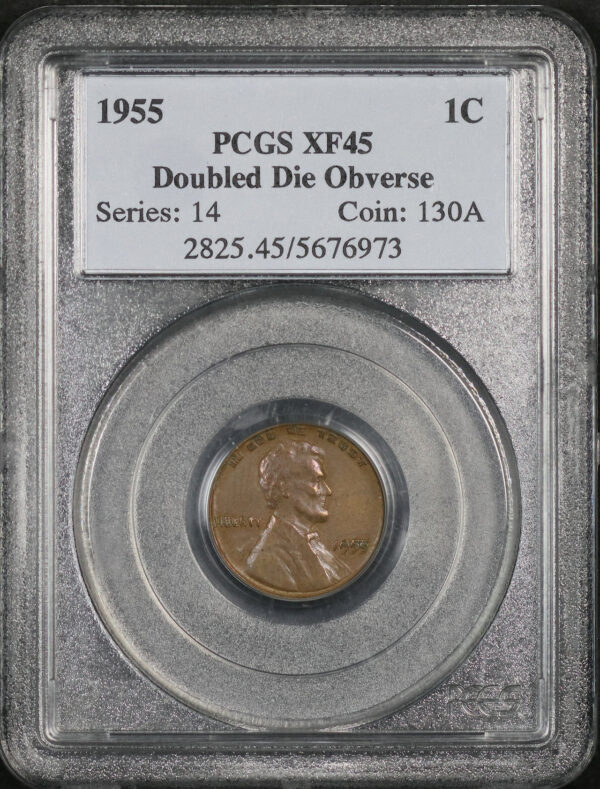 Obverse of this 1955 Lincoln Cent Wheat Reverse Doubled Die Obverse PCGS XF-45 BN