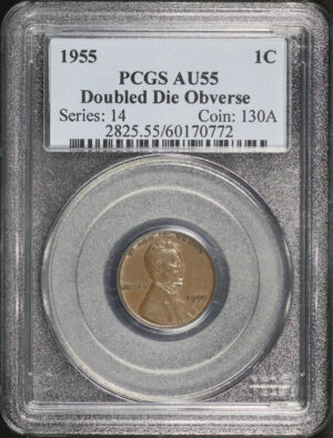 Obverse of this 1955 Lincoln Cent Wheat Reverse Doubled Die Obverse PCGS AU-55 BN