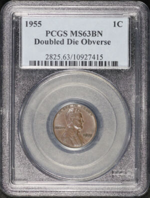 Obverse of this 1955 Doubled Die Obverse Lincoln Cent Wheat Reverse PCGS MS-63 BN