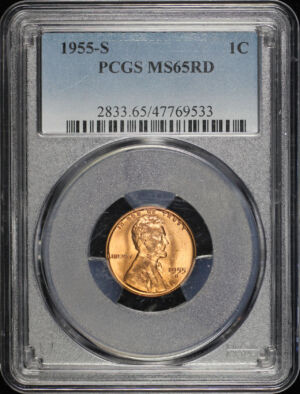 Obverse of this 1955-S Lincoln Cent Wheat Reverse PCGS MS-65 RD