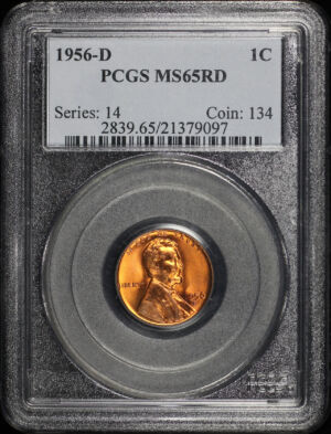Obverse of this 1956-D Lincoln Cent Wheat Reverse PCGS MS-65 RD