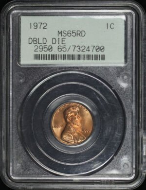 Obverse of this 1972 Lincoln Cent Modern Doubled Die Obverse PCGS MS-65 RD Old Green Gasket Holder
