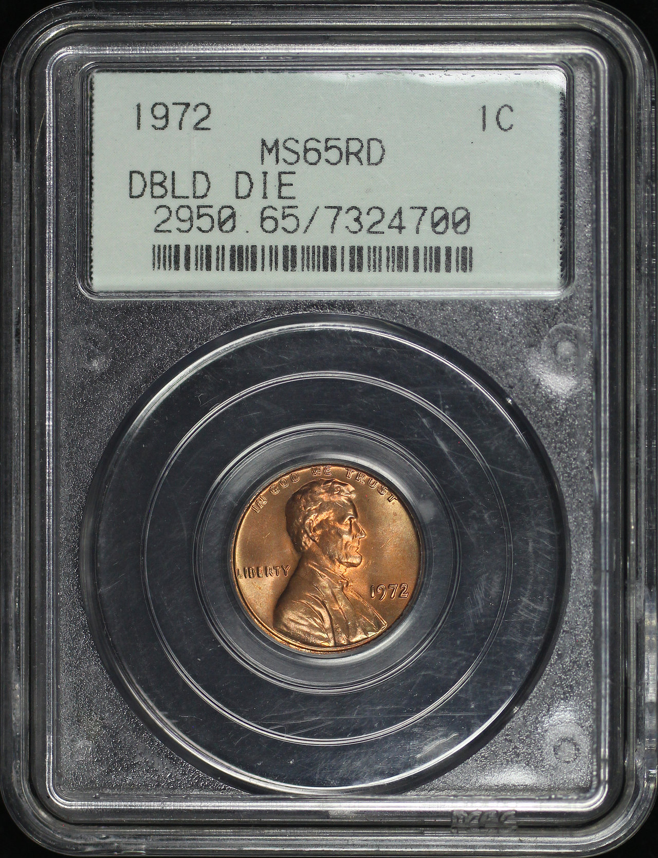 Obverse of this 1972 Lincoln Cent Modern Doubled Die Obverse PCGS MS-65 RD Old Green Gasket Holder