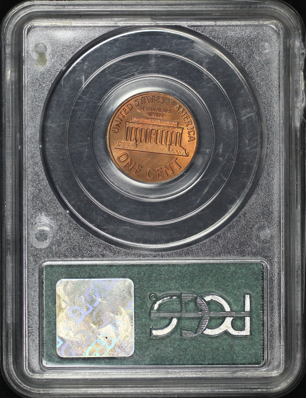 Reverse of this 1972 Lincoln Cent Modern Doubled Die Obverse PCGS MS-65 RD Old Green Gasket Holder