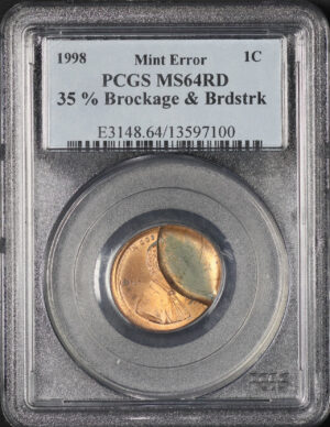 Obverse of this 1998 Lincoln Cent Modern PCGS MS-64 RD Mint Error 35% Brockage & B/S