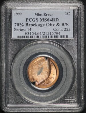 Obverse of this 1999 Lincoln Cent Modern PCGS MS-64 RD Mint Error 70% Brockage Obverse & B/S