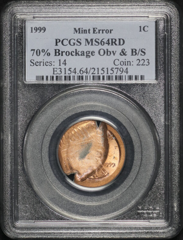 Obverse of this 1999 Lincoln Cent Modern PCGS MS-64 RD Mint Error 70% Brockage Obverse & B/S