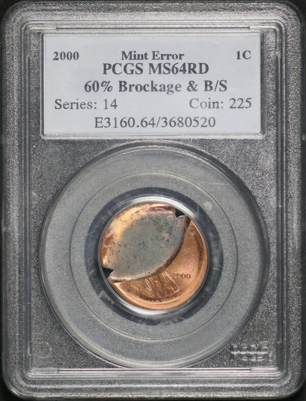 Obverse of this 2000 Lincoln Cent Modern PCGS MS-64 RD Mint Error 60% Brockage & B/S