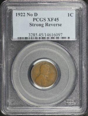 Obverse of this 1922-D No D Lincoln Cent Wheat Reverse Strong Reverse PCGS XF-45 BN