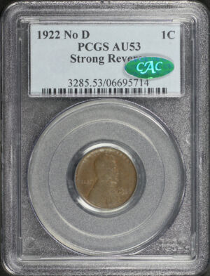 Obverse of this 1922-D No D Lincoln Cent Wheat Strong Reverse PCGS AU-53 BN CAC