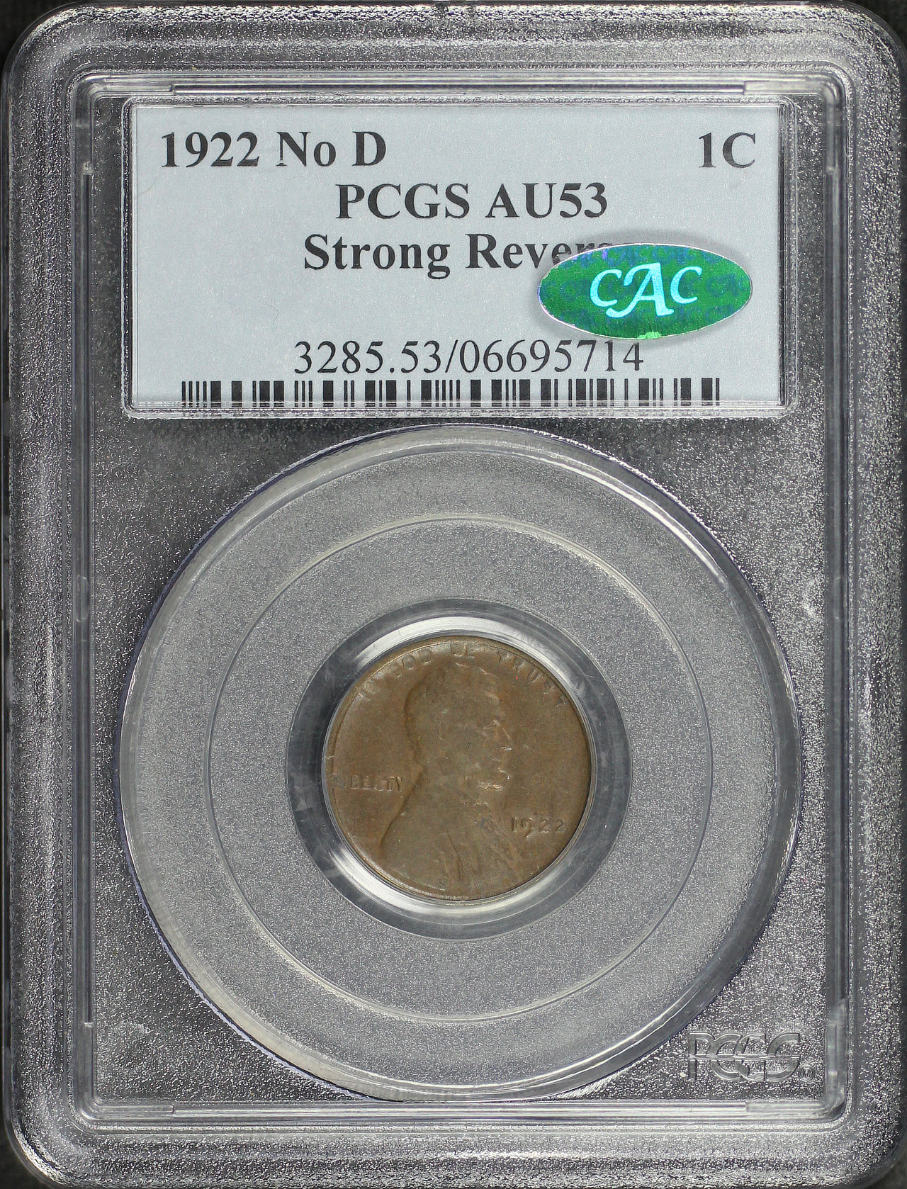 Obverse of this 1922-D No D Lincoln Cent Wheat Strong Reverse PCGS AU-53 BN CAC