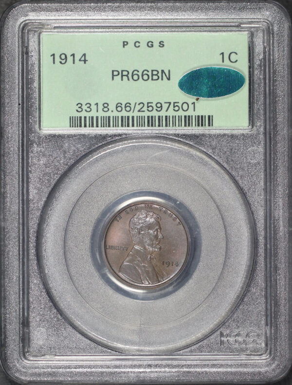 Obverse of this 1914 Lincoln Cent Wheat Reverse PCGS PR-66 BN CAC Old Green Holder