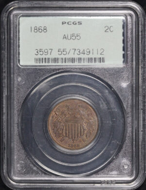 Obverse of this 1868 Two Cent PCGS AU-55 BN Old Green Gasket Holder