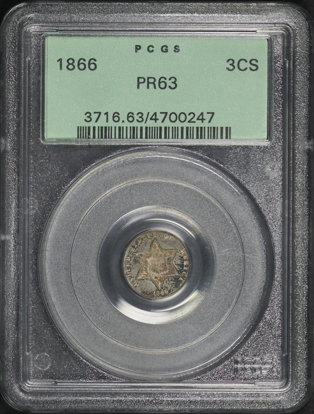 Obverse of this 1866 Three Cent Silver PCGS PR-63 Old Green Holder