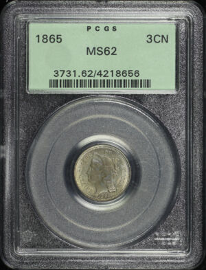 Obverse of this 1865 Three Cent Nickel PCGS MS-62 Old Green Holder