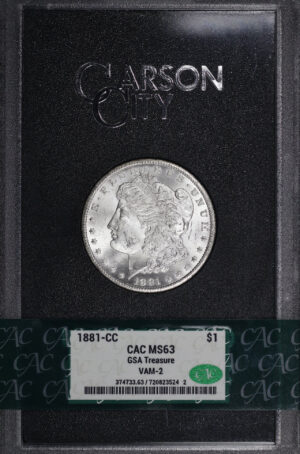 Obverse of this 1881-CC Morgan Dollar VAM-2 Doubled 88 CACG MS-63 GSA Treasure Hard Pack With Box