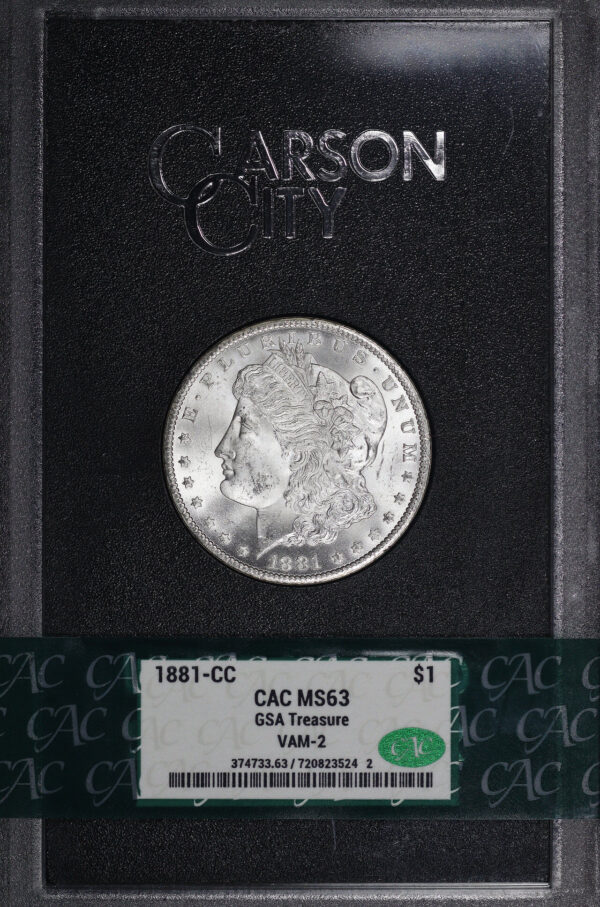 Obverse of this 1881-CC Morgan Dollar VAM-2 Doubled 88 CACG MS-63 GSA Treasure Hard Pack With Box