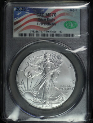 Obverse of this 2025 Silver Eagle CACG MS-70 First Delivery
