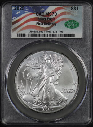 Obverse of this 2025 Silver Eagle CACG MS-70 First Delivery