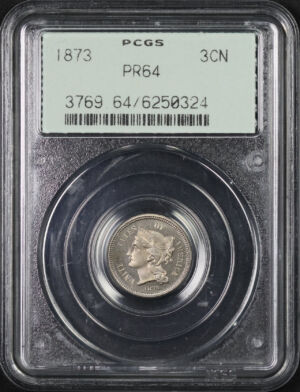 Obverse of this 1873 Three Cent Nickel PCGS PR-64 Old Green Gasket Holder