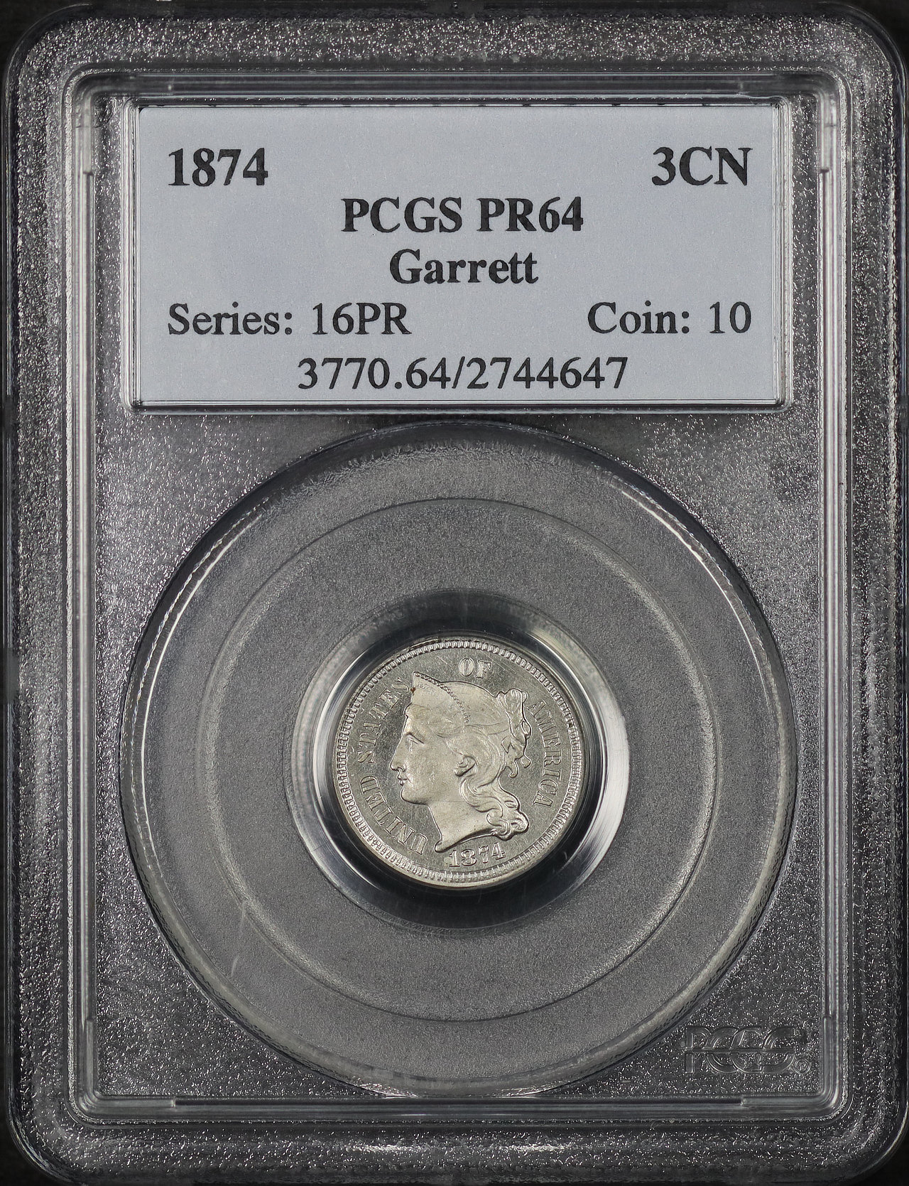 Obverse of this 1874 Three Cent Nickel PCGS PR-64 Garrett