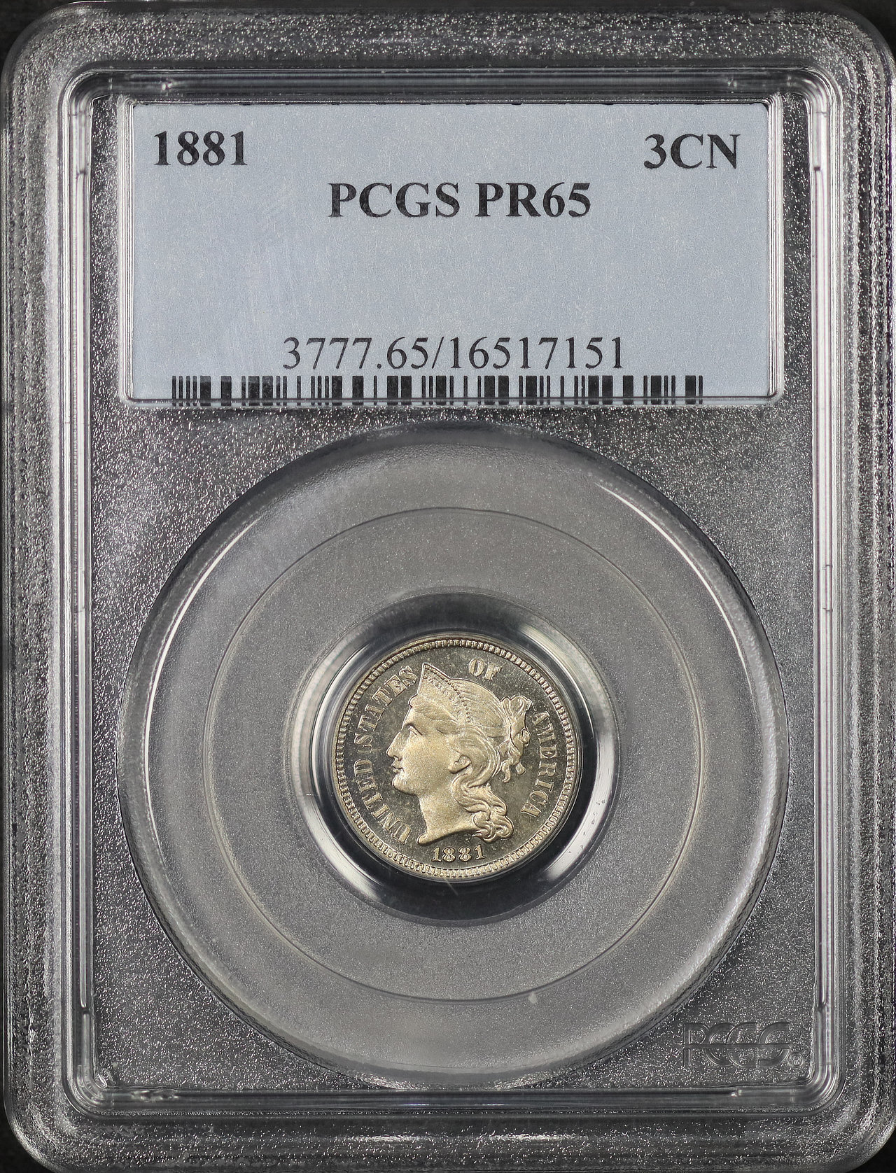 Obverse of this 1881 Three Cent Nickel PCGS PR-65