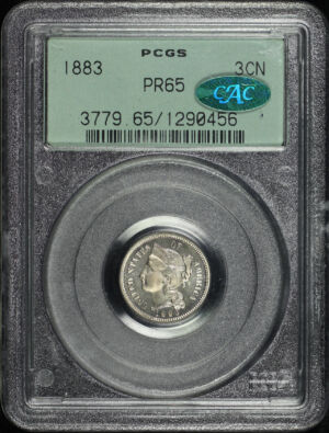 Obverse of this 1883 Three Cent Nickel PCGS PR-65 CAC Old Green Holder