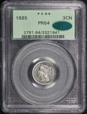 Obverse of this 1885 Three Cent Nickel PCGS PR-64 CAC Old Green Holder