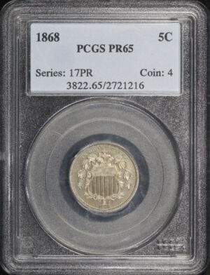 Obverse of this 1868 Shield Nickel PCGS PR-65