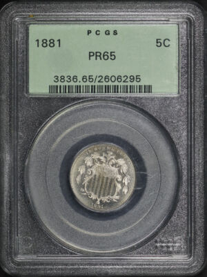 Obverse of this 1881 Shield Nickel PCGS PR-65 Old Green Older