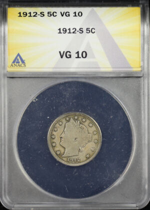 Obverse of this 1912-S Liberty Nickel ANACS VG-10
