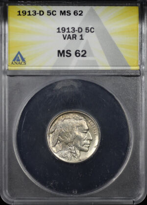 Obverse of this 1913-D Variety 1 Buffalo Nickel ANACS MS-62
