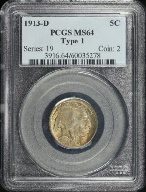 Obverse of this 1913-D Buffalo Nickel Type 1 PCGS MS-64