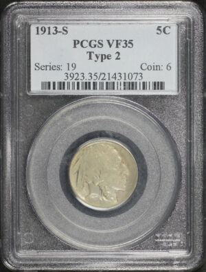Obverse of this 1913-S Buffalo Nickel Type 2 PCGS VF-35