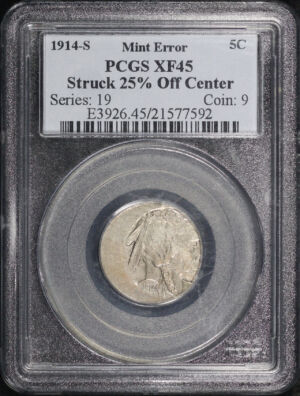 Obverse of this 1914-S Buffalo Nickel PCGS XF-45 Struck 25% Off Center Mint Error 