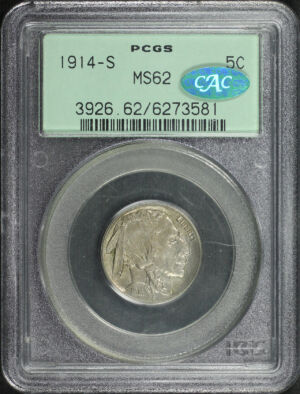 Obverse of this 1914-S Buffalo Nickel PCGS MS-62 CAC Old Green Holder