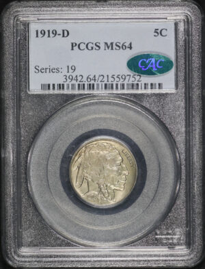 Obverse of this 1919-D Buffalo Nickel PCGS MS-64 CAC