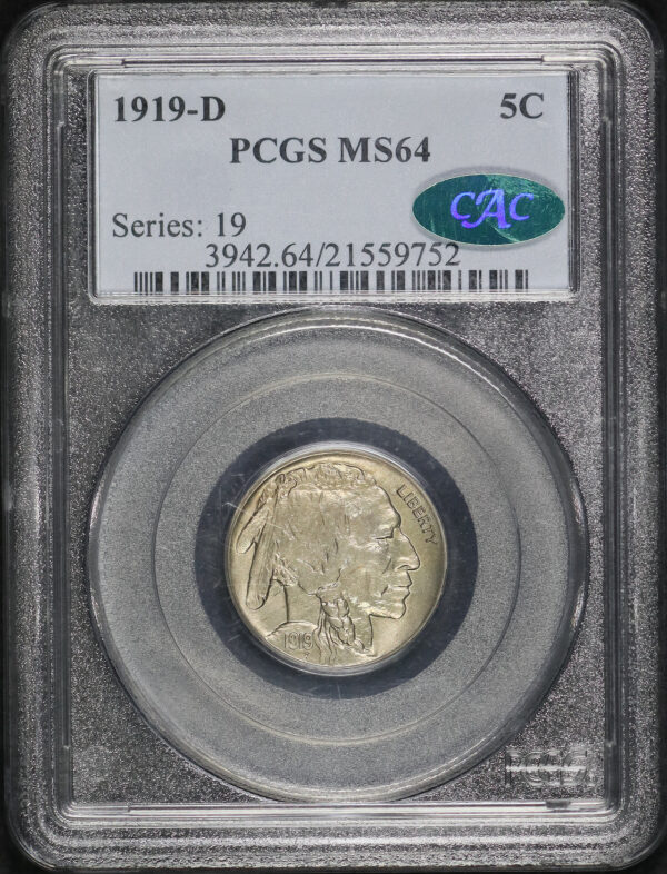 Obverse of this 1919-D Buffalo Nickel PCGS MS-64 CAC