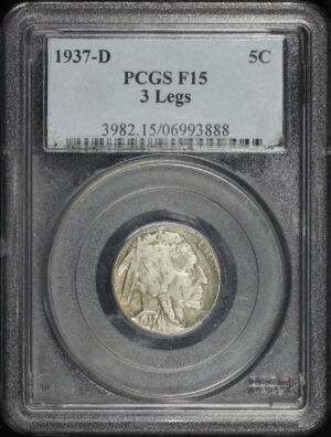 Obverse of this 1937-D Buffalo Nickel 3 Legs PCGS F-15