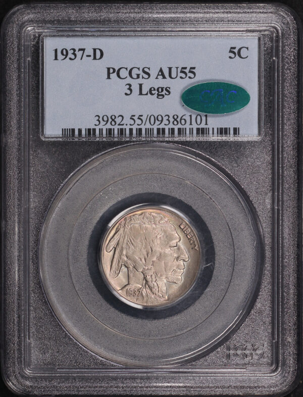 Obverse of this 1937-D Buffalo Nickel 3 Legs PCGS AU-55 CAC
