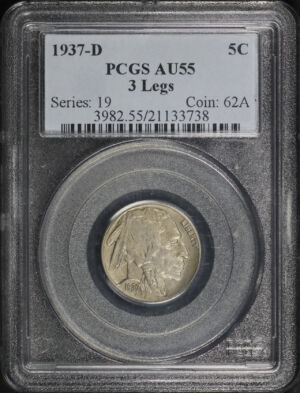 Obverse of this 1937-D Buffalo Nickel 3 Legs PCGS AU-55