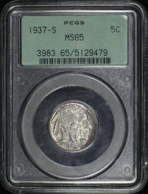 Obverse of this 1937-S Buffalo Nickel PCGS MS-65 Old Green Gasket Holder
